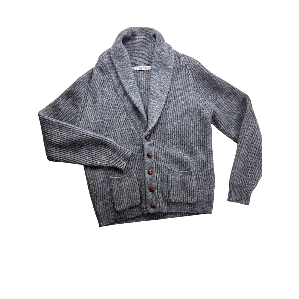 Northern Isles Gray Wool Blend Ribbed Shawl Collar Cardigan Sweater XL